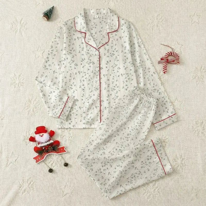 Women's Creamy Off-White Illustrative Charcoal Grey Botanical Vine & Muted Grey-Blue Floral Pattern Satin Pajamas Set - 1