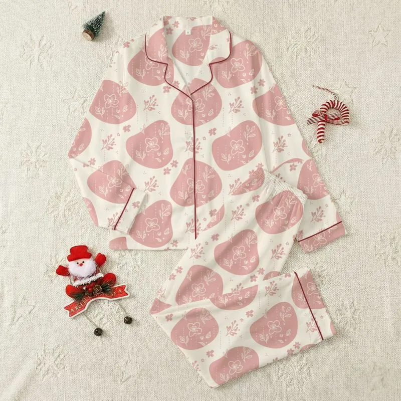 Women's Delicate Vintage Illustrative Cherry Blossom Botanical Inverted Pastel Pink & Cream Pattern with Subtle Scattered Dots Satin Pajamas Set - 1