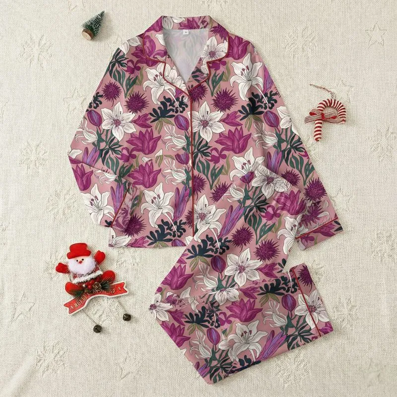 Women's Rosy-Pink Botanical Lily Floral Linear Outline Pattern with Magenta, Plum & Teal Green Satin Pajamas Set - 1