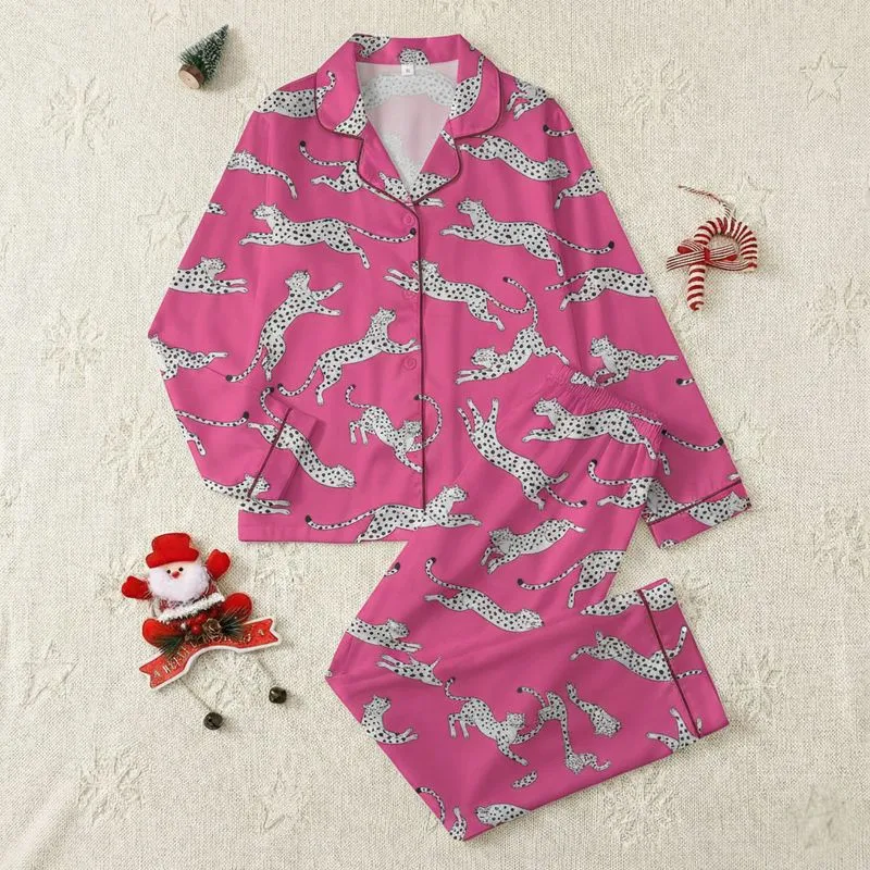 Women's Vivid Hot Pink Playful Hand-Drawn Dynamic Leaping Grey White Leopard Spot Pattern Satin Pajamas Set - 1