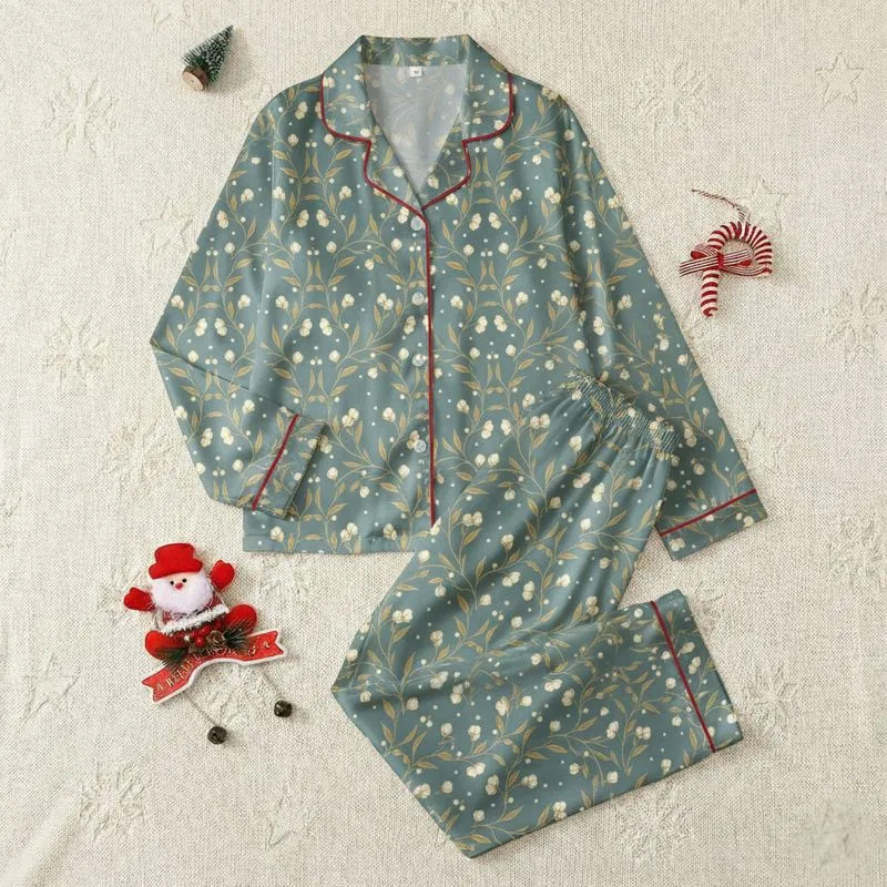 Women's Delicate Muted Teal Botanical Golden Olive Vintage Hand-Drawn Intertwined Branches & Cream Off-White Flowers Pattern Satin Pajamas Set - 1