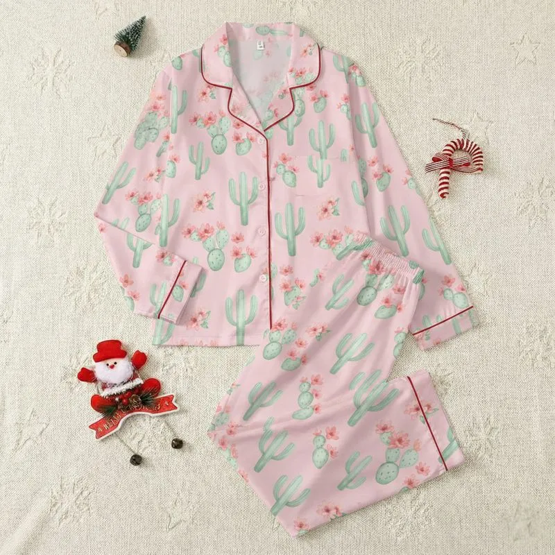 Women's Whimsical Watercolor Pastel Pink Desert Cactus Bloom Pattern in Mint & Blush Satin Pajamas Set - 1