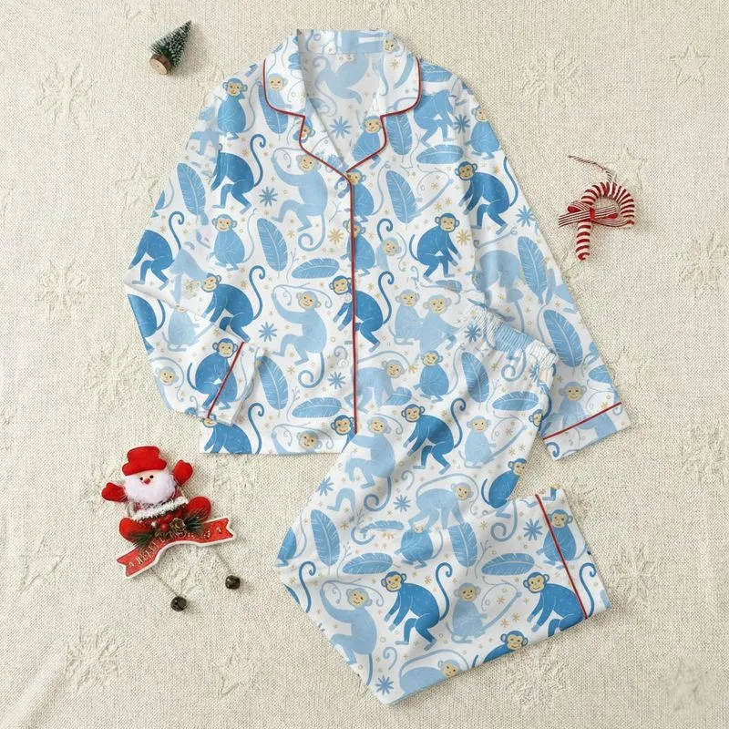 Women's Whimsical Hand-Drawn Multi-Blue Monkey Tropical Foliage Star Motif White Satin Pajamas Set - 1