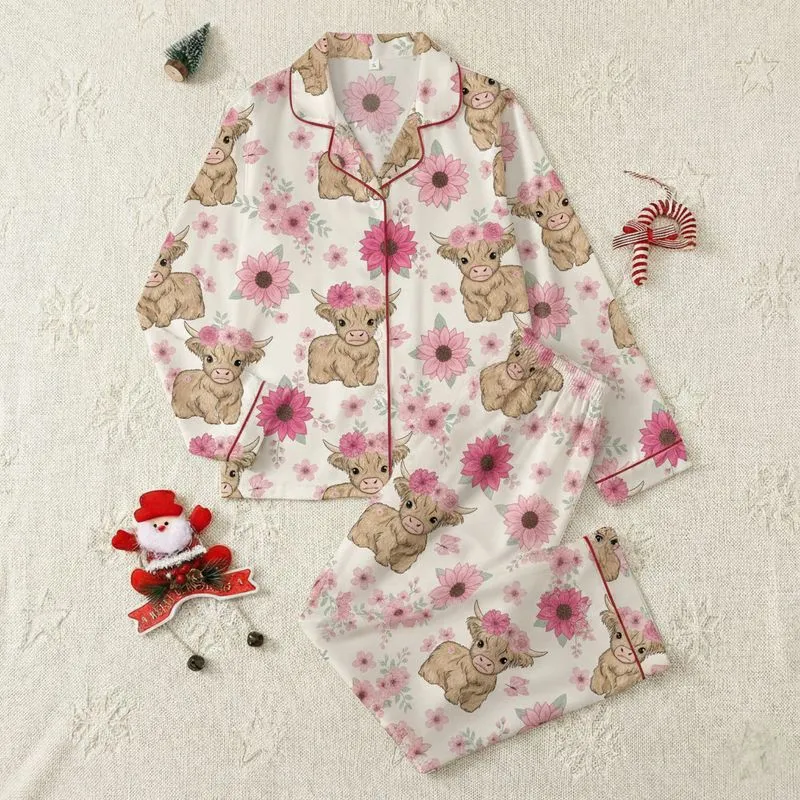 Whimsical Style Lovers' Pale Cream Fluffy Highland Cow Pink Rose Blossom & Butterfly Pattern Satin Pajamas Set - 1