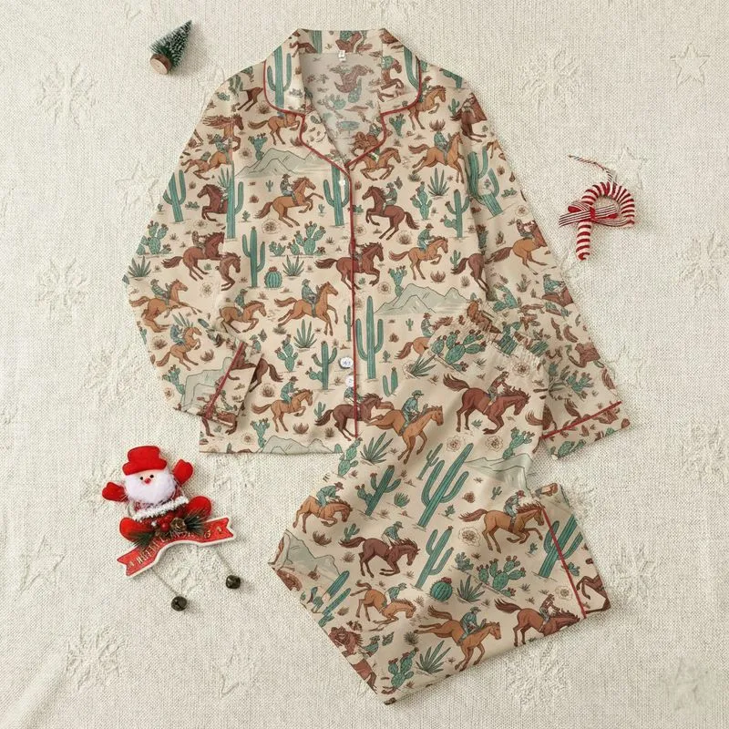 Women's Beige Desert Landscape Galloping Horses & Riders Pattern with Teal Cacti & Warm Brown Tones, Illustrative Vintage Aesthetic Satin Pajamas Set - 1