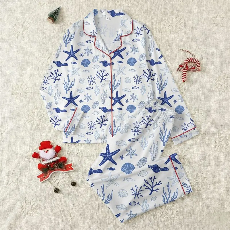 Women's Hand-Drawn Blue Seashell Starfish Coral Seaweed Block Print Satin Pajamas Set - 1