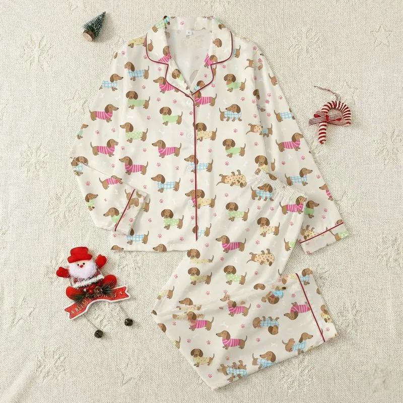 Women's Light Cream Playful Cartoon Dachshund Dog Hot Pink Stripes Pastel Blue Plaid Pattern Satin Pajamas Set - 1