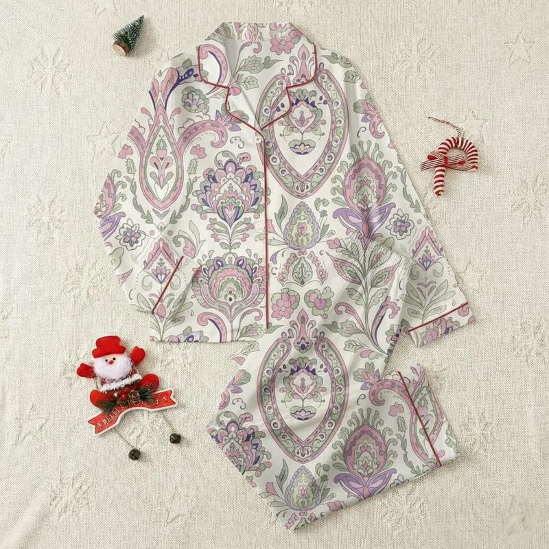 Women's Ornate Illustrative Paisley Botanical Scrollwork Tapestry in Muted Rose & Sage Green Satin Pajamas Set - 1