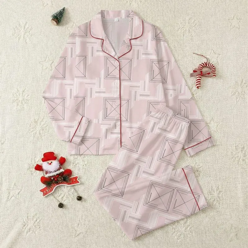 Women's Minimalist Pastel Pink White Geometric Abstract Stripe Pattern Satin Pajamas Set - 1