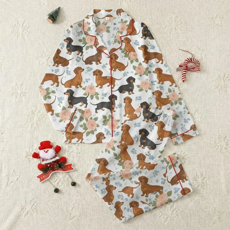 Women's Playful Dachshund Dog & Blush Peach Rose Garden Pattern, Sage Green Foliage Satin Pajamas Set - 1