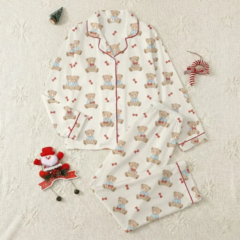 Ladies' Muted Cream & Brown Hand-Drawn Teddy Bear Pattern with Red Bow Accents Satin Pajamas Set - 1