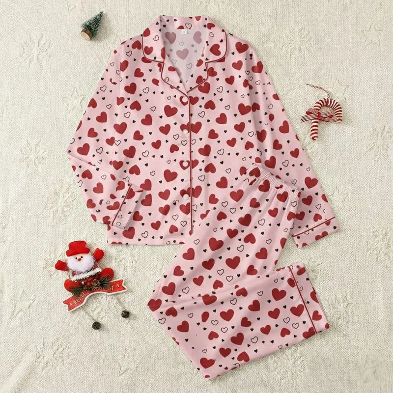 Women's Sweet Light Pink Scattered Maroon Red & Black Heart Motifs Satin Pajamas Set - 1