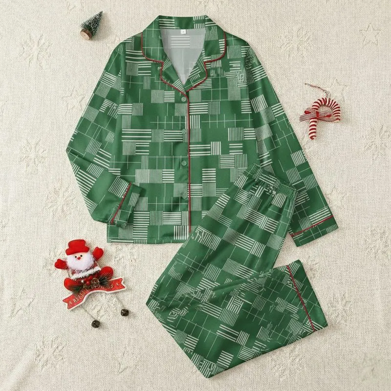 Women's Deep Forest Green Geometric Tessellation with White Stripes & Windowpane Grid Satin Pajamas Set - 1