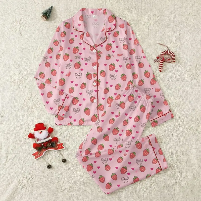 Red Strawberry, Pink Ribbon Bow & Fuchsia Heart Baby Pink Sleep Set Satin Short-Sleeve Pajamas Set - 1