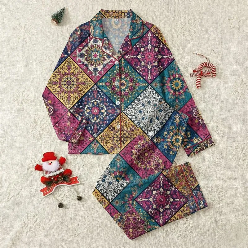 Bohemian Tessellating Diamond Mandala Floral | Rich Jewel Tone Satin Pajamas Set - 1
