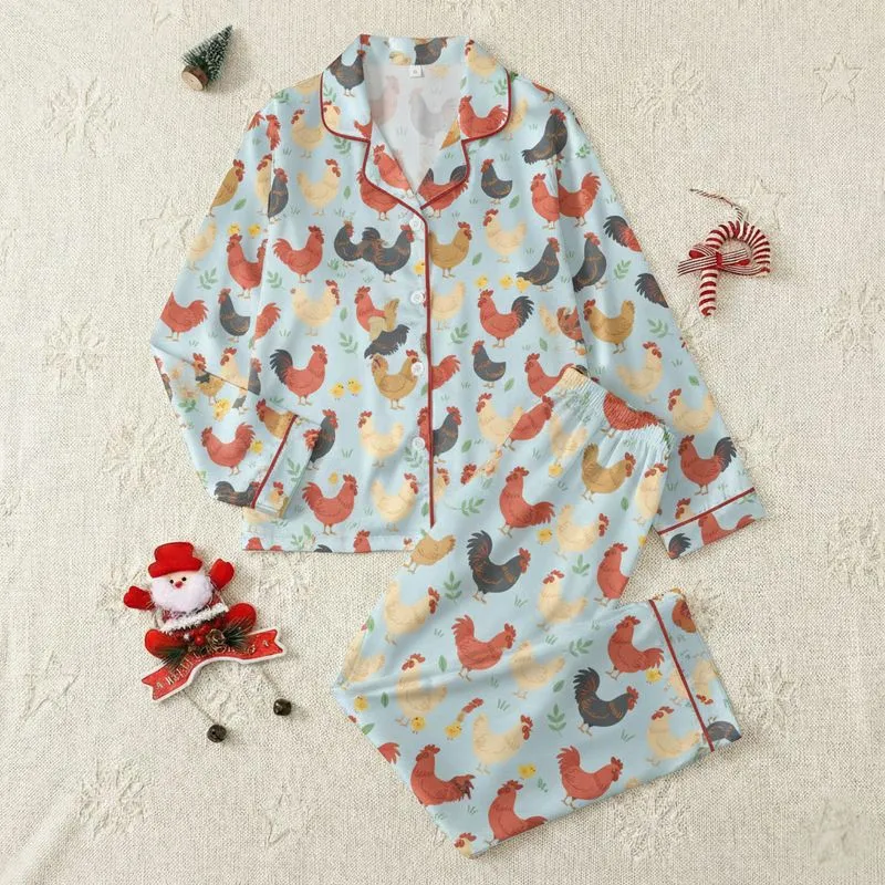 Women's Playful Farm Chicken & Chick Pattern, Sky Blue, Terracotta Red, Cream, Yellow, Spring Green, Cartoon Style Satin Pajamas Set - 1