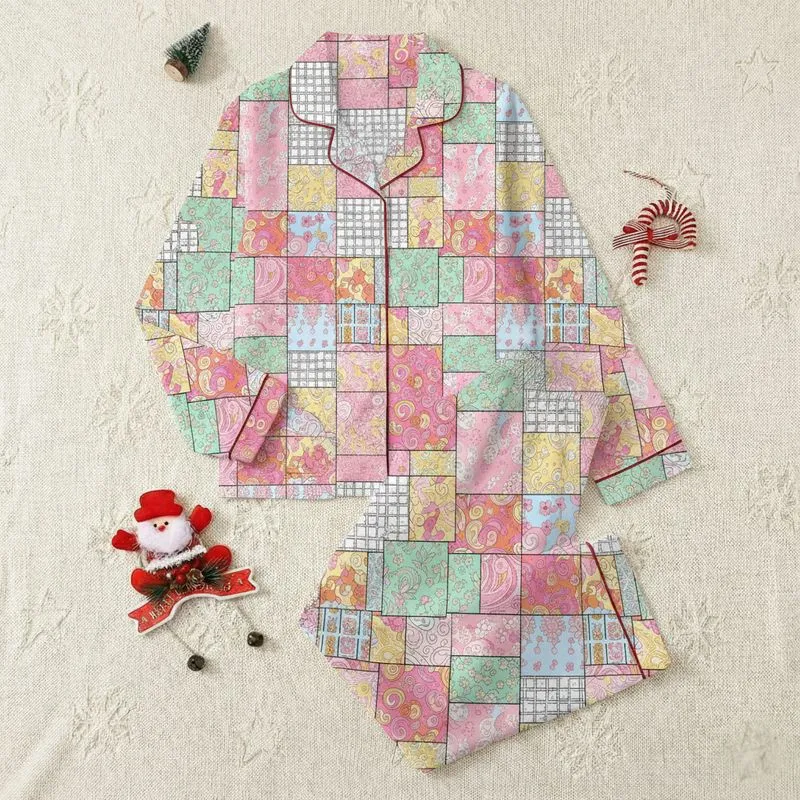 Women's Cheerful Pastel Pink Orange Blue Patchwork Floral Geometric Mosaic Satin Pajamas Set - 1
