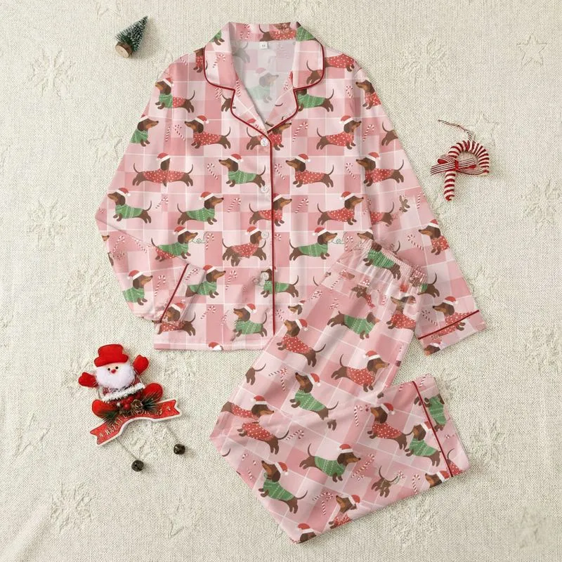 Women's Festive Rose Pink Gingham Christmas Dachshund Sweater & Candy Cane Print Satin Pajamas Set - 1