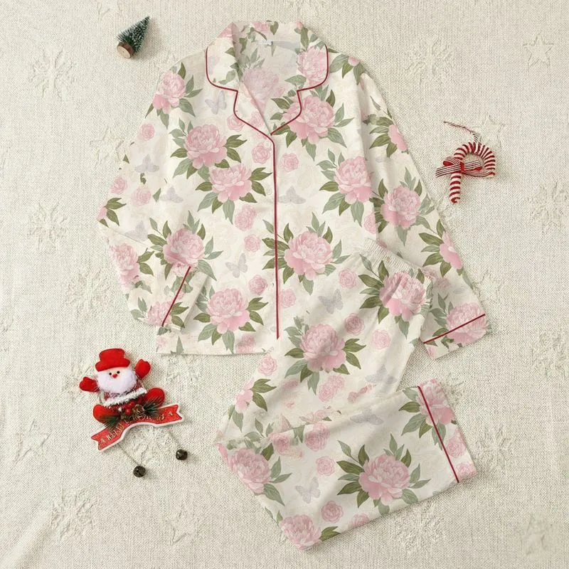 Women's Painterly Blush Peony & Rose Bloom - Pastel Floral Butterfly Satin Short-Sleeve Pajamas Set - 1