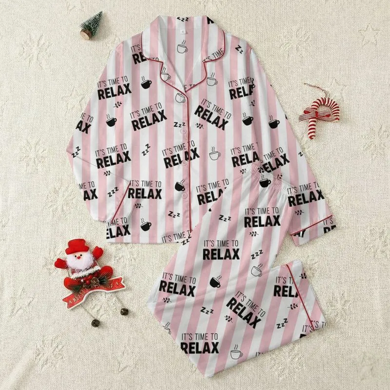 Women's Light Pink White Stripe 'IT'S TIME TO RELAX' Black Typographic Motif Satin Pajamas Set - 1