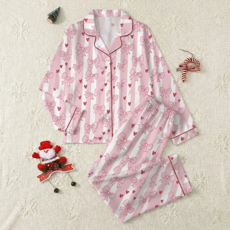 Teenagers' Sweet Pastel Pink White Striped Fuchsia Bows & Hearts Pattern Satin Pajamas Set - 1