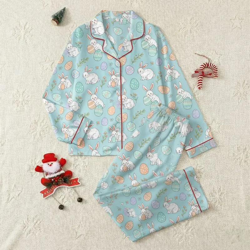 Vintage Children's Book Bunny & Pastel Easter Egg Motif - Sky Blue Satin Pajamas Set - 1