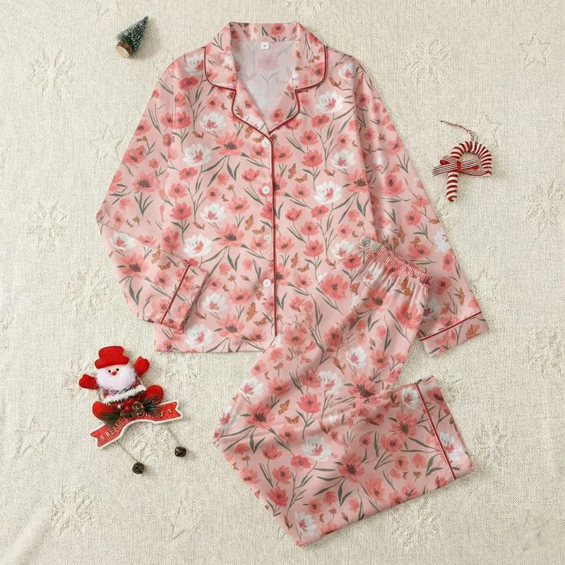 Women's Blush Pink Painterly Rose & Coral Floral with Grey Accents and Brown Butterflies Satin Pajamas Set - 1