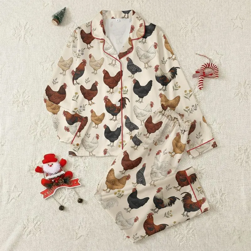 Farm Animal Enthusiasts' Vintage Illustrated Heritage Chicken & Rooster Pattern in Warm Hues & Wildflowers Satin Pajamas Set - 1