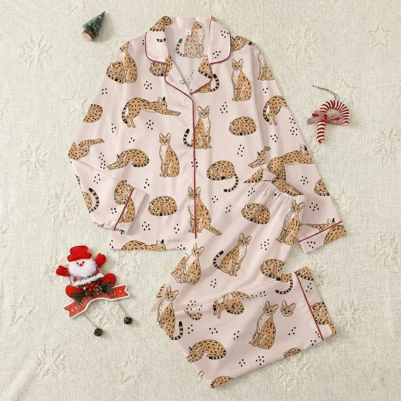 Women's Hand-Drawn Serval Cats Pastel Pink Seamless Pattern with Ochre & Black Spots Satin Pajamas Set - 1