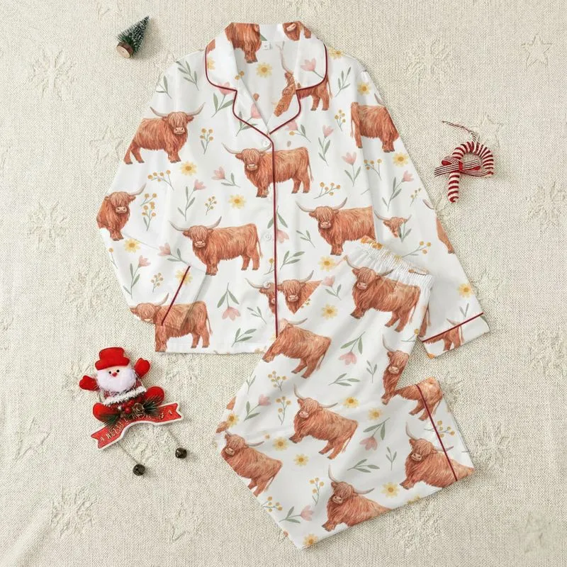 Nature & Animal Lovers' Whimsical Watercolor Highland Cow Terracotta Blush Pink Wildflower Pattern Satin Pajamas Set - 1