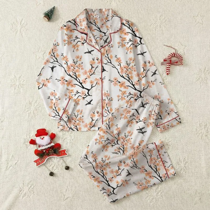 Women's Hand-Drawn White Peach Orange Cherry Blossom & Charcoal Crane Oriental Nature Design Satin Pajamas Set - 1