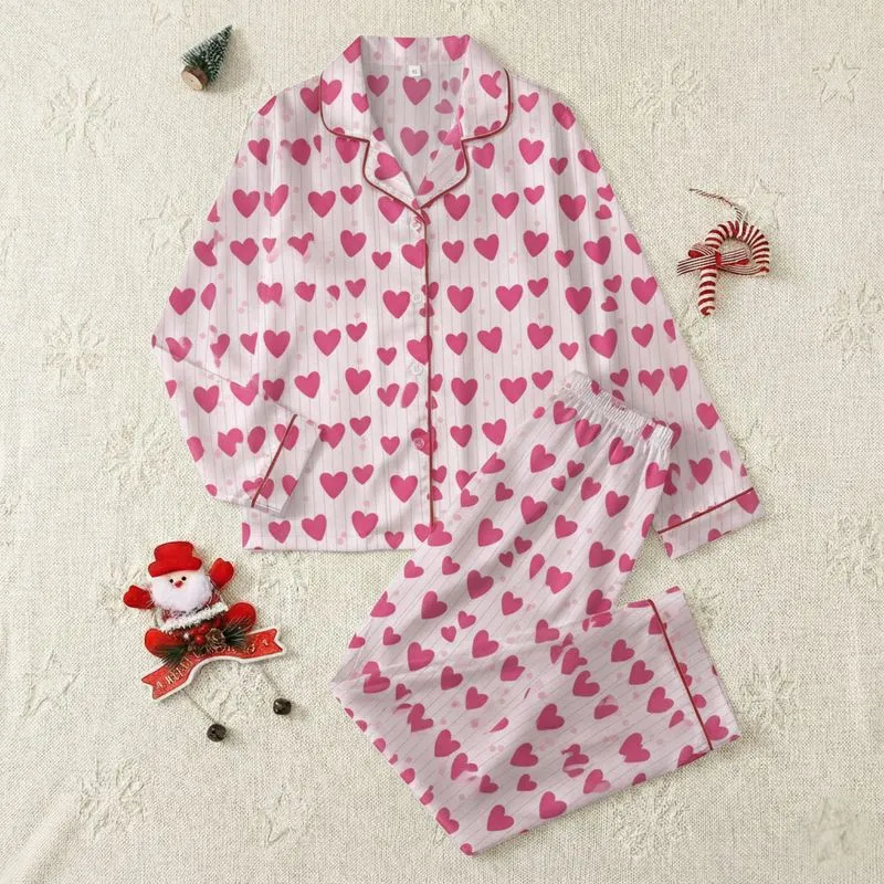 Women's Sweet Fuchsia Pink Scattered Hearts Pale Pink Dots White Pinstripe Pattern Satin Pajamas Set - 1