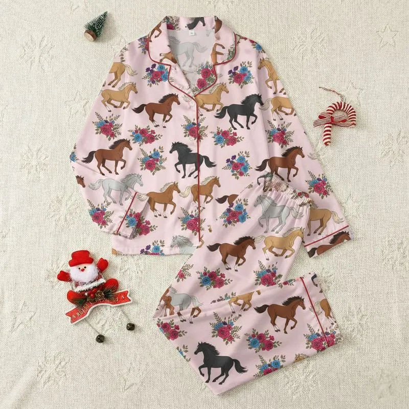 Girls' Whimsical Galloping Horses Wildflowers Chestnut Fuchsia Pink Design Satin Pajamas Set - 1