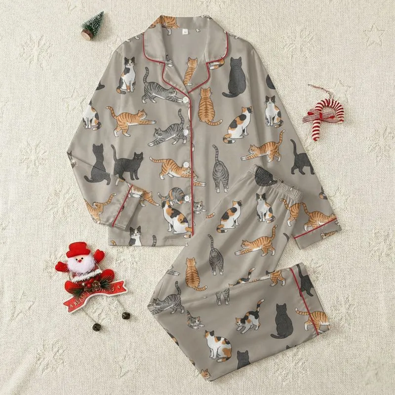 Women's Muted Beige-Taupe Seamless Scatter Pattern with Illustrative Hand-Drawn Ginger, Calico & Tuxedo Cats Satin Pajamas Set - 1