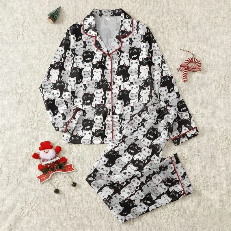 Cat Lovers' Playful Black White Grey Cartoon Cats Light Blue Eyes Pink Cheeks All-Over Print Satin Pajamas Set - 1