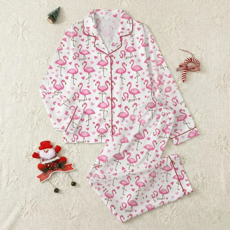 Women's Whimsical Fuchsia Pink Bubblegum Pink Cartoon Flamingo Heart Pattern on White Satin Pajamas Set - 1