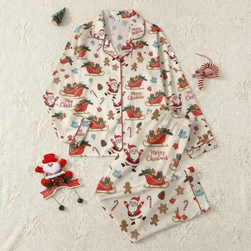 Holiday Enthusiasts' Whimsical Santa Sleigh & Gingerbread Pattern with Red, Green, Blue on Cream Satin Pajamas Set - 1
