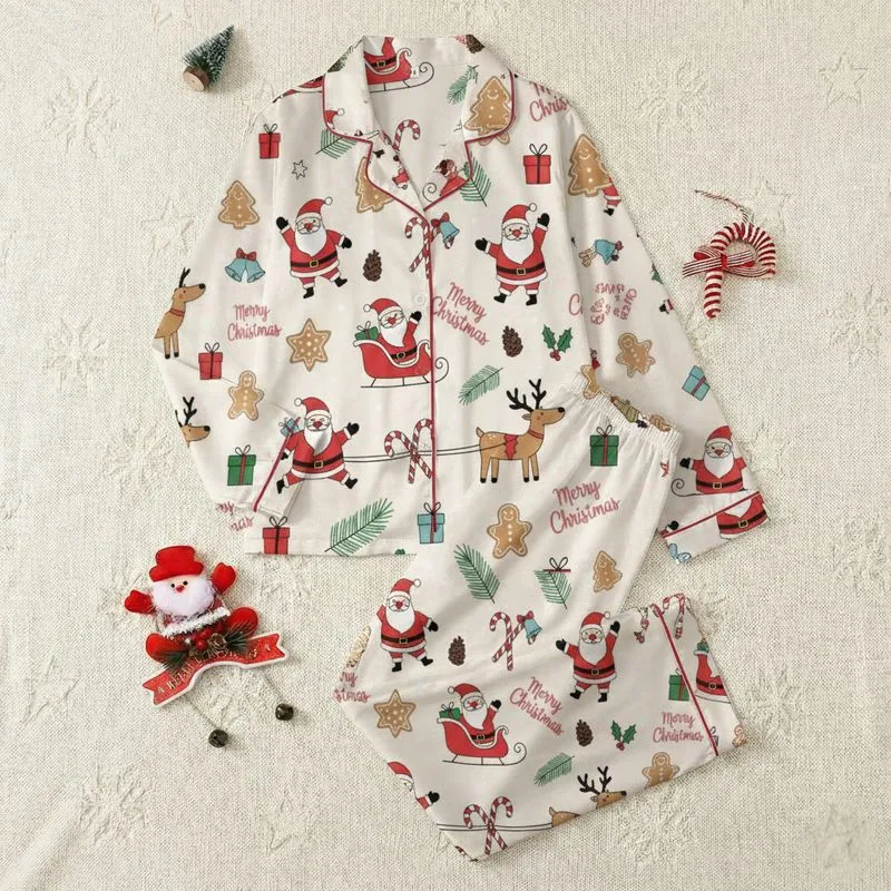 Women's Whimsical Hand-Drawn Cream Christmas Santa Sleigh Gingerbread Candy Cane Pattern Satin Pajamas Set - 1