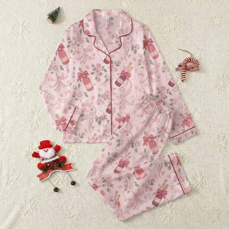 Women's Elegant Champagne Bottle Flute Ribbon & Rose Blush Pink Pattern - Luxury Fabric Satin Pajamas Set - 1