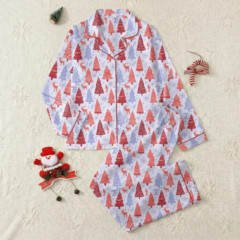 Folk Art Christmas Forest: Coral Red Periwinkle Hand-Drawn Deer & Snowflakes Satin Pajamas Set - 1