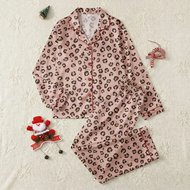 Women's Soft Pastel Pink Minimalist Leopard Spot Pattern Black Outline & Brown Tan Fill Satin Pajamas Set - 1