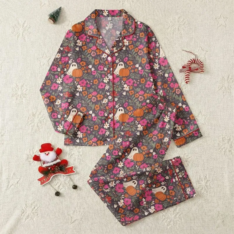 Whimsical Halloween Design: Dusty Plum Botanical Pattern with Friendly Ghosts, Pink Blooms & Orange Pumpkins Satin Pajamas Set - 1