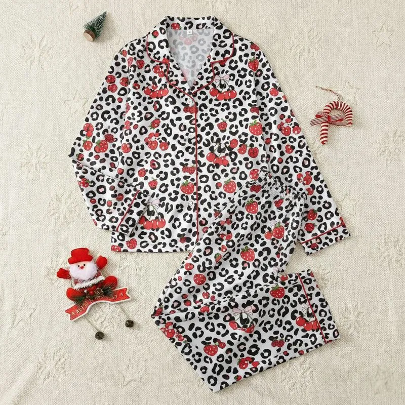 Playful Sweetheart's Black Leopard Spot Cherry Strawberry Raspberry Bow Item Satin Pajamas Set - 1