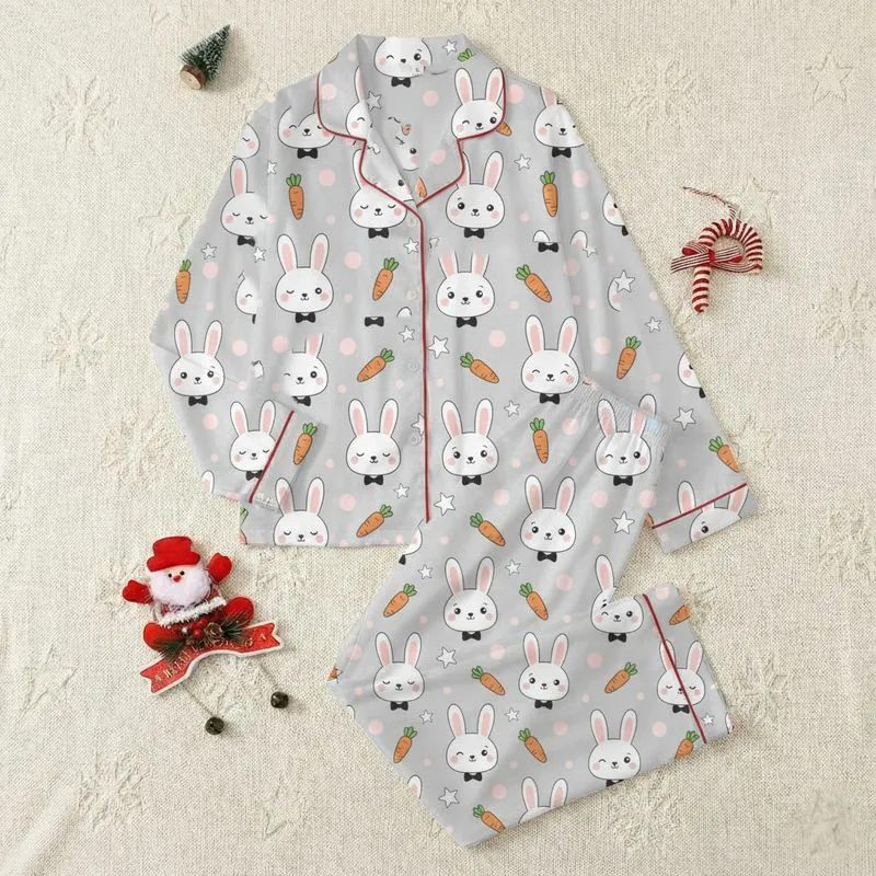 Women's Muted Grey Charming Bunny Carrot Star Pastel Pink Polka Dot Pattern Satin Pajamas Set - 1