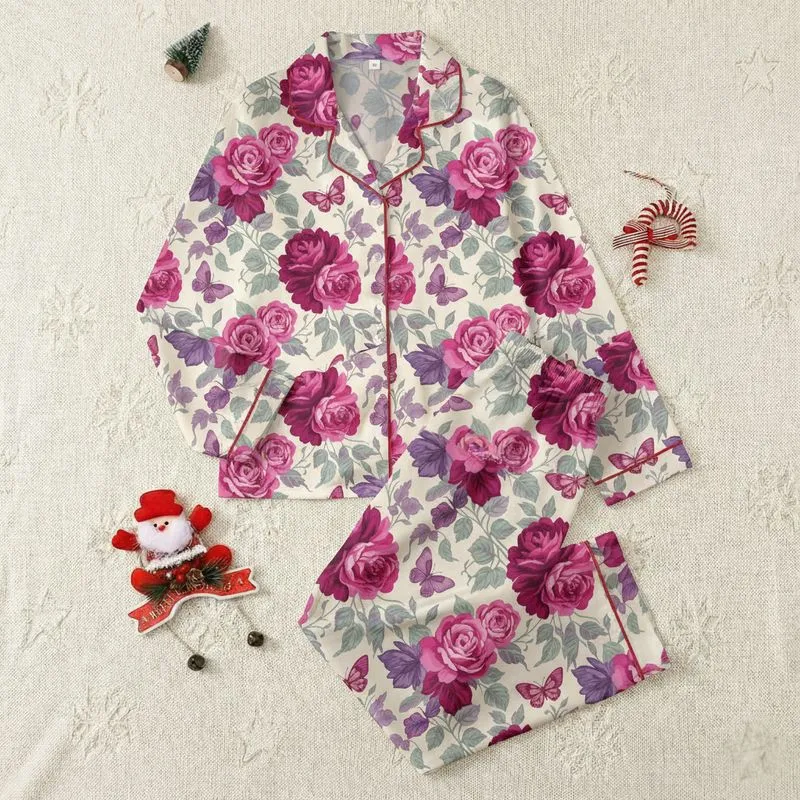 Women's Opulent Painterly Fuchsia Rose Butterfly Floral Tapestry on Pale Cream Satin Pajamas Set - 1
