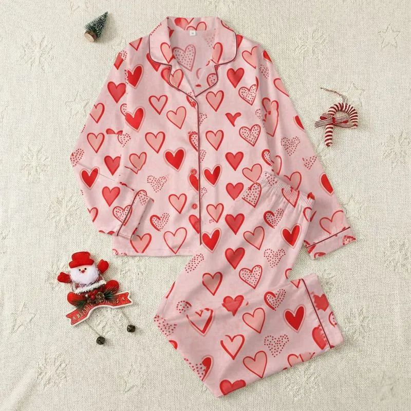 Women's Whimsical Scattered Vibrant Red Hearts with Outline & Dotted Texture on Blush Satin Pajamas Set - 1