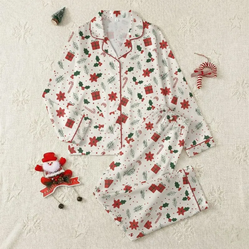 Women's Whimsical Christmas Holly Candy Cane Poinsettia Red Green Cream Pattern Satin Pajamas Set - 1