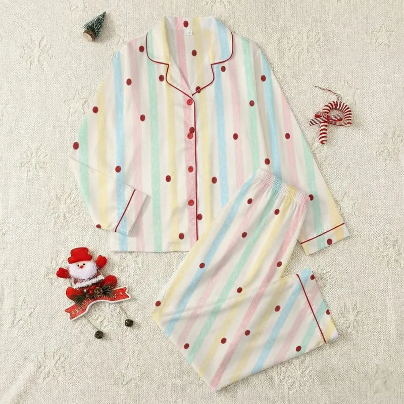 Whimsical Dreamer's Pastel Striped Design: Creamy Off-White, Crimson Dots, Crayon Texture Satin Pajamas Set - 1