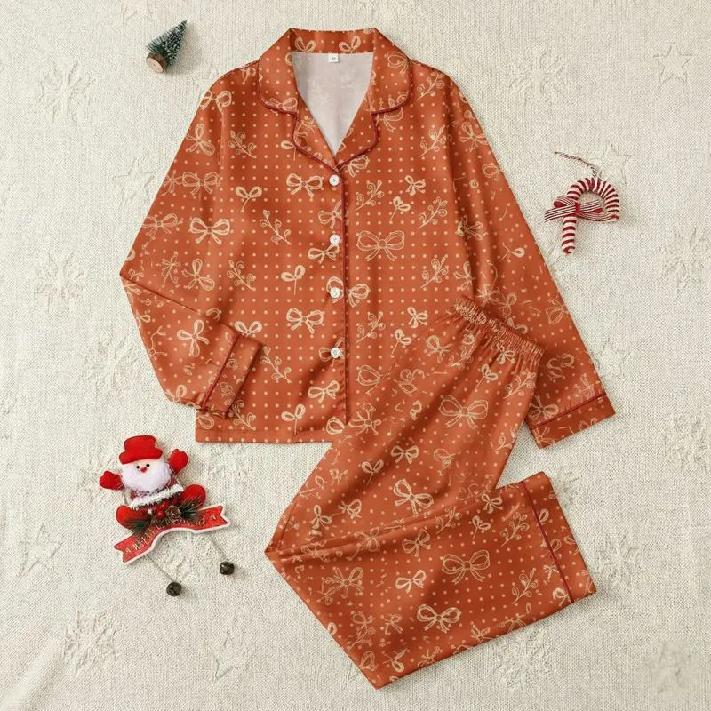 Feminine Terracotta Orange Blouse: Off-White Bow & Floral Polka Dot Details Satin Pajamas Set - 1