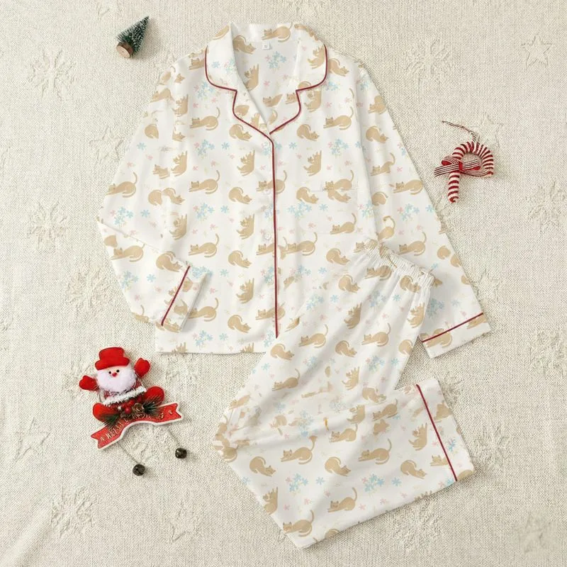 Whimsical Sleepy Cats with Pastel Blue Pink Flowers Creamy White Satin Pajamas Set - 1